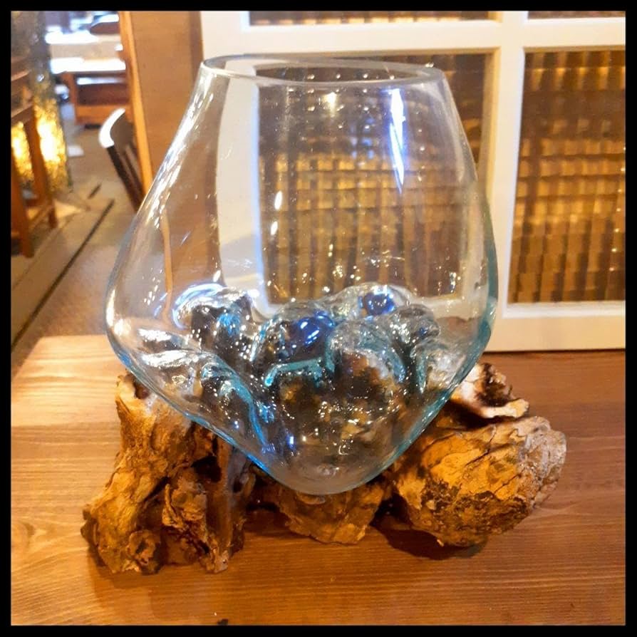 輸入雑貨　バリ島　手吹きガラスアート　オブジェ　天然木仕様　ハンドメイド Amazon.co.jp: 輸入雑貨 バリ島 手吹きガラスアート オブジェ